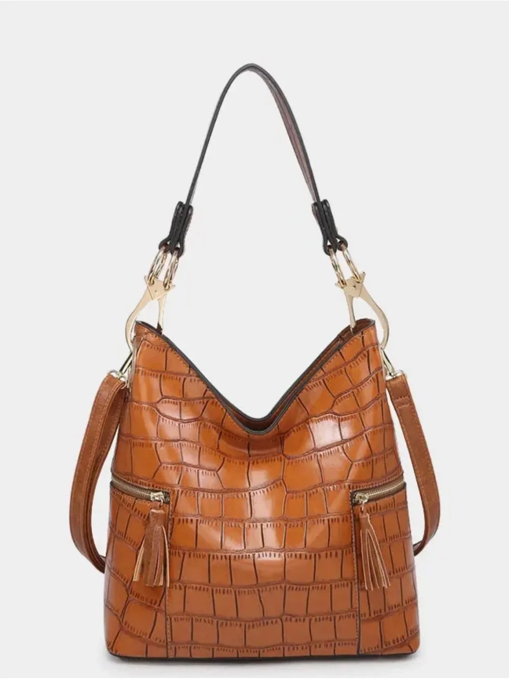Jen&Co Rochelle Crocodile-Embossed Hobo Bag in Cognac Brown